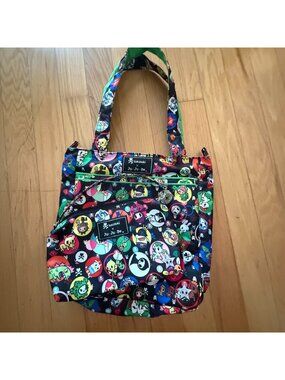 TOKIDOKI Jujube Green Lined Multicolor Zippered Tote Bag w/ matching pouch